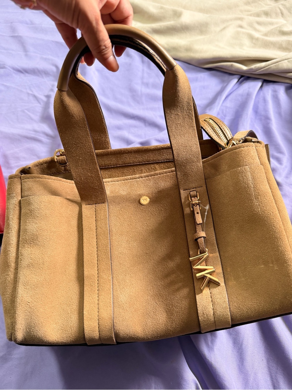 Michael Kors Camel Suede Satchel with Gold MK Charm